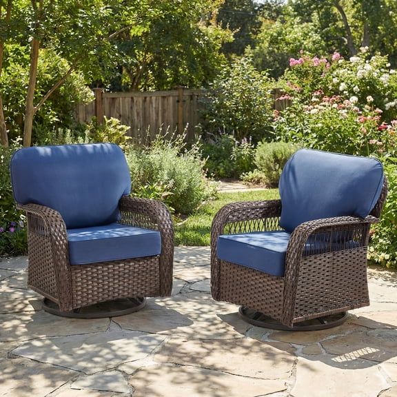 Opohoro Outdoor Swivel Chair Wicker Glider Chairs Set of 2, Brown PE Rattan Patio Rockers with T Shape Cushions and Wide Armrests