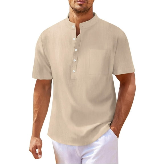 Big and Tall Shirts for Men Soild Color Shirt Short Sleeve Hippie Casual Band Collar Summer Beach T Shirts Large Tall Mens Nightshirts for Men Sizes Packs of The Pocket T L