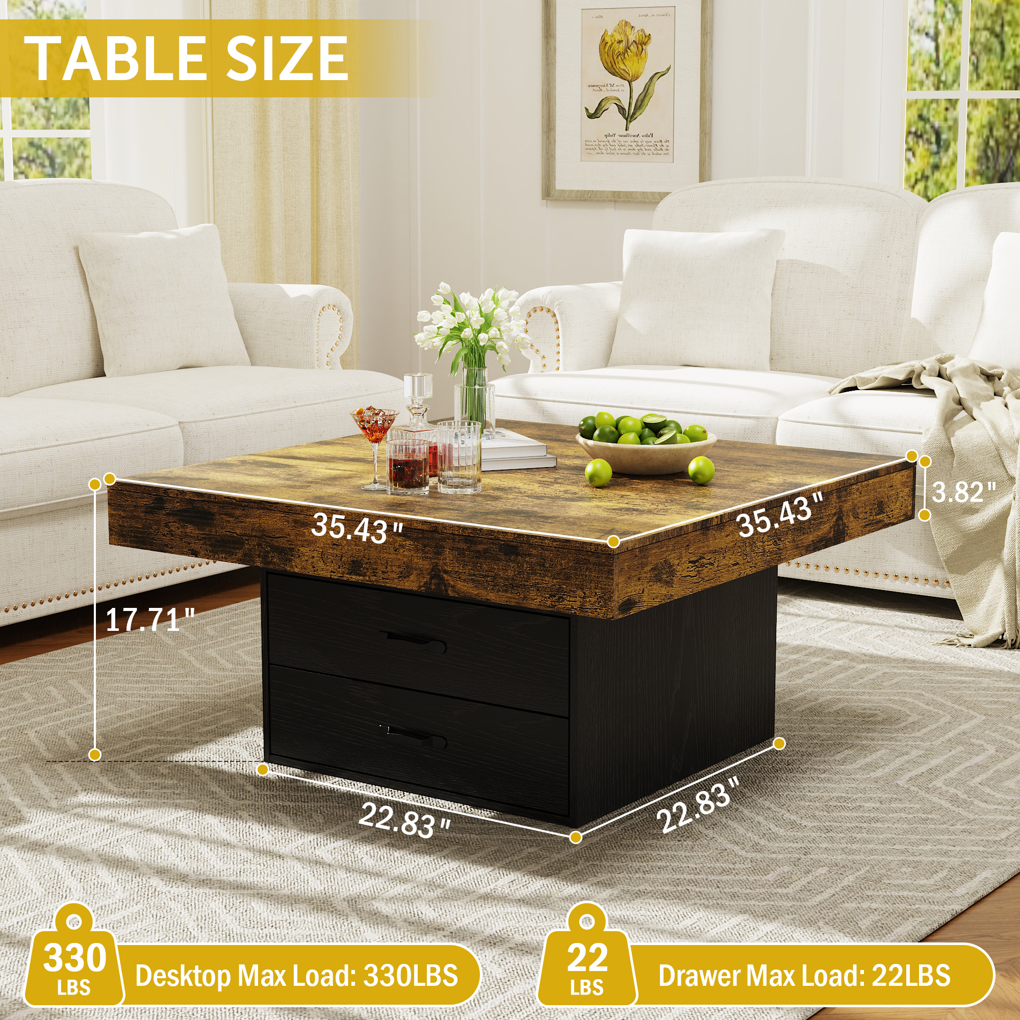 Miniyam 35.4 in. Square Coffee Table with Storage Drawers and LED Lights, Farmhouse Wood Coffee Table for Living Room or Office, Black