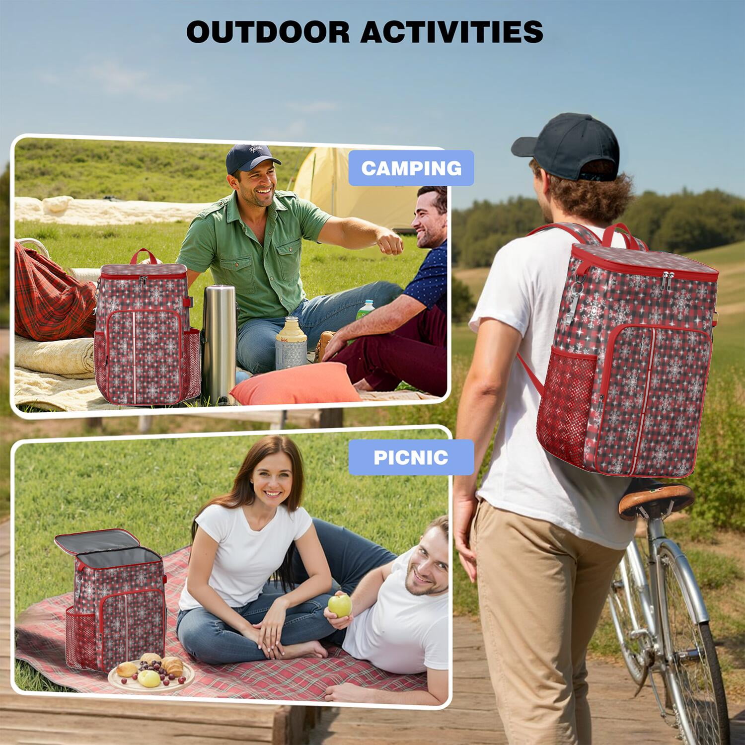 Travel Cooler Bag - Red and Black Christmas Snowflake Pattern Camping Beer Cooler Backpack with Bottle Opener- Waterproof Insulated Picnic Backpacks - Cooler Bag for Beach
