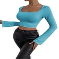 thumbnail image 4 of Women Solid Color Ribbed Square Neck Lettuce Hem Show Navel T-Shirts Spring Autumn Flare Long Sleeve Slim Crop Tops Black M, 4 of 6