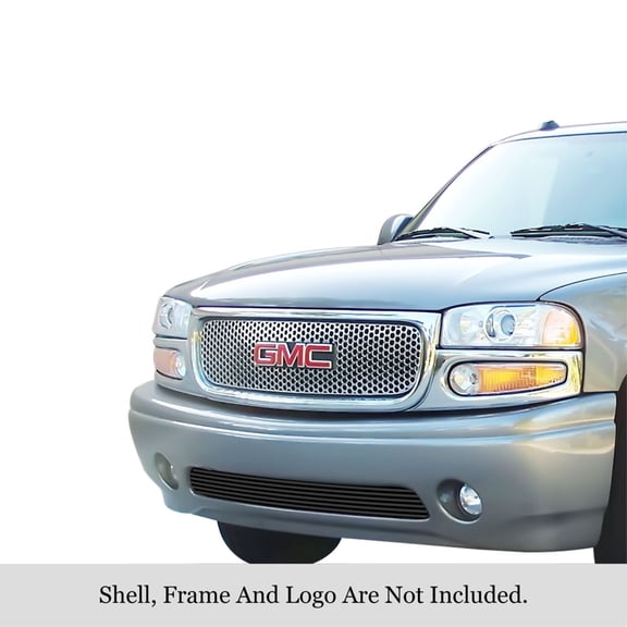 1999-2006 GMC Yukon Denali/2001-2006 GMC Yukon Xl Denali/2002-2006 GMC Sierra Denali Tow Hook Covered Lower Bumper Stainless Steel Black Horizontal Billet Grille