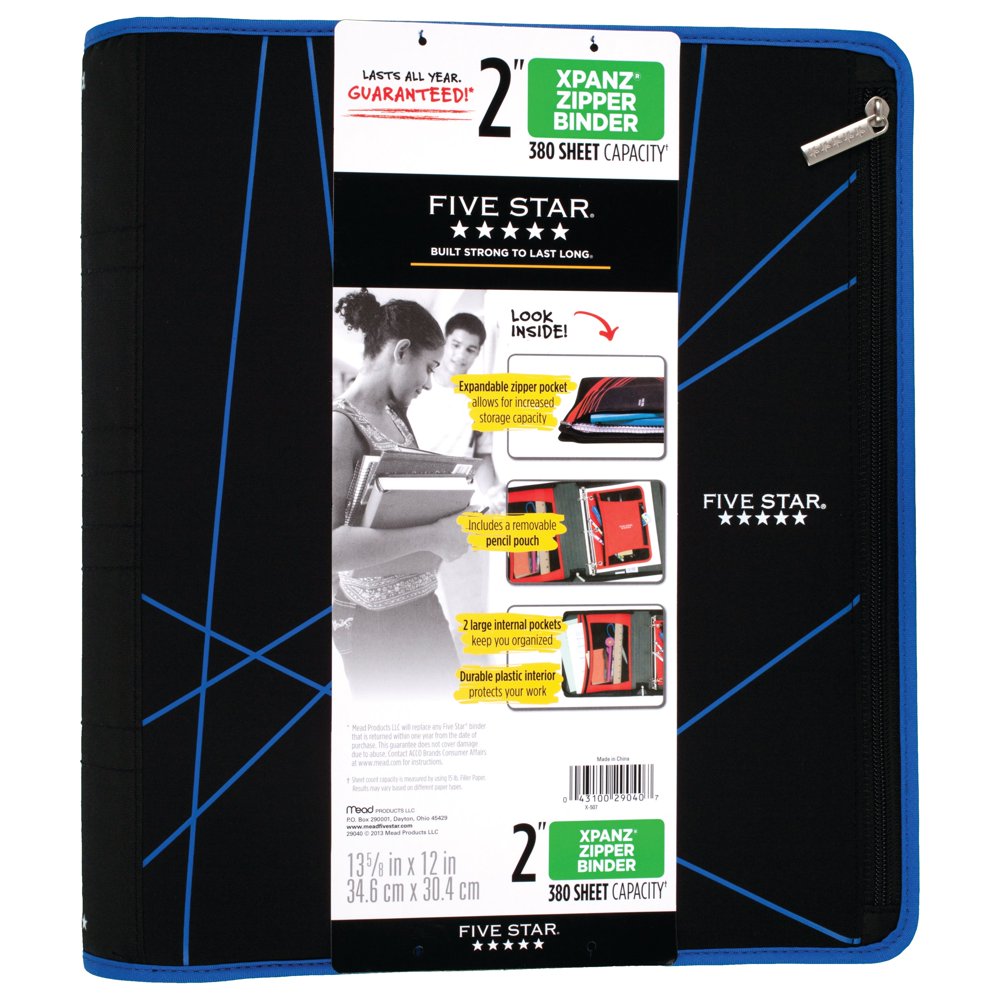 Five Star Xpanz 2" Zipper Binder, 380 Sheet, Black/Cobalt Blue (73232