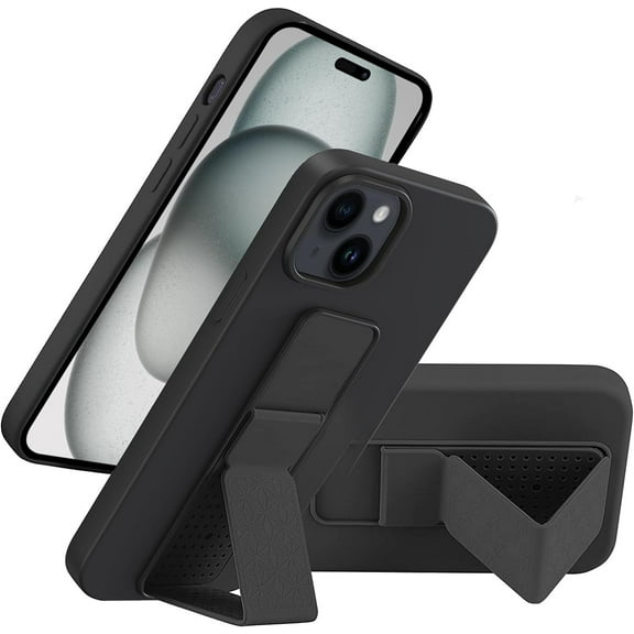 LAUDTEC Silicone iPhone 15 Case with Stand,Horizontal and Vertical Stand Hand Strap Kickstand Case(Black)