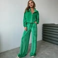thumbnail image 3 of 2 Pcs/Set Women Coat Pants Suit Golden Velvet Zip-up Stand Collar Long Sleeve Top Drawstring Elastic Waist Wide Leg Loose Trousers Winter Daily Wear Tracksuit, 3 of 8