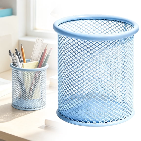 YSKING Blue Mesh Pen Holder, 3.23in x3.86in Round Metal Pencil Cup, Desk Organizer Container for Markers, Scissors & Small Office Supplies for Home‑Office & Craft Workspaces