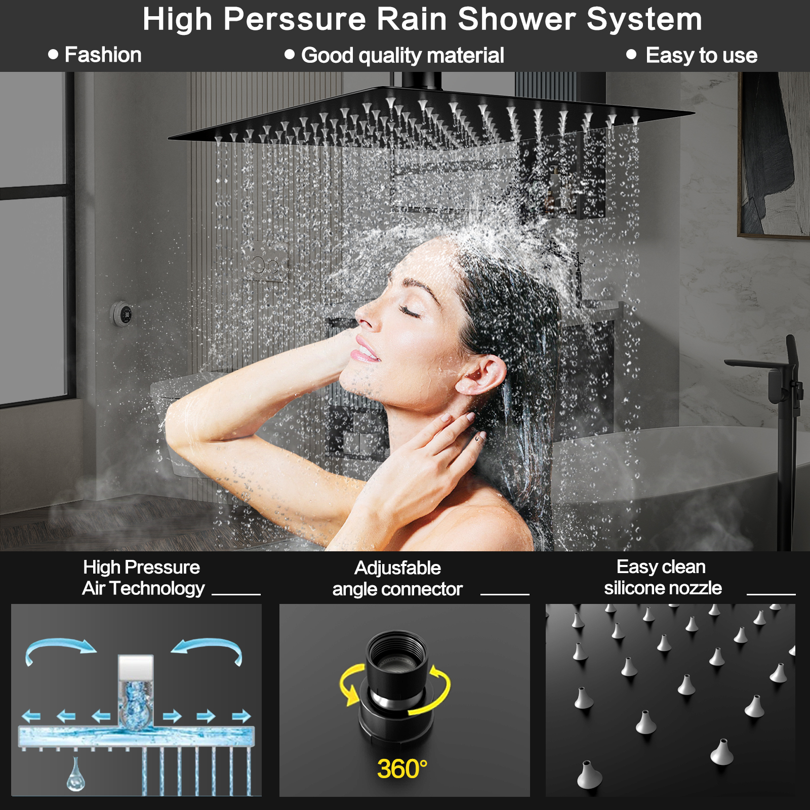 Fatspas Rain Shower System with Tub Spout, 10" Matte Black Shower Faucet Set with Rain Handheld, Wall Mounted Mixer Shower Combo Set, Bathroom with High Pressure Shower Head & 3 Way Shower Valve Kit.