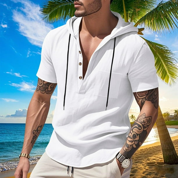 pstuiky camisetas para hombre, Camisa informal de lino de verano de color liso para hombre, manga corta, cuello alto, botones y bolsillos ropa de hombre xxl
