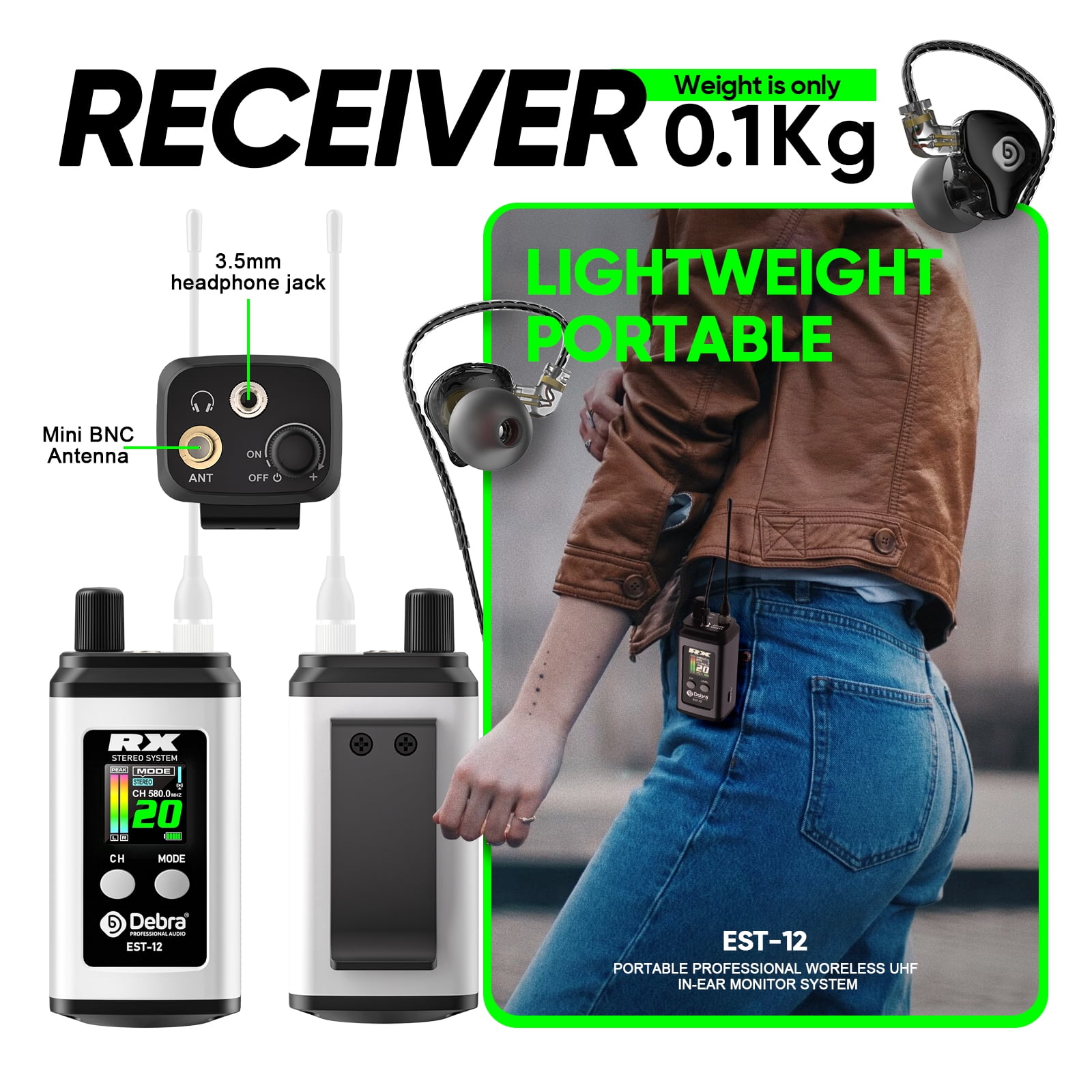 D Debra Audio PRO EST-12 UHF Stereo Mini Wireless In-Ear Monitor System, with Rechargeable Lithium Battery Monitor Type for Stage, Band, Studio, Musician, Monitor (1 Transmitter & 1 Receiver)