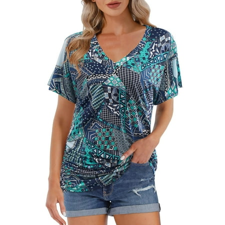 

Summer Tops For Women Casual V Neck Short Sleeve Floral Printed Blouses TShirts Loose Fit Tunic Tops Tee Women Stripe Shirt under Scrub Women Long Sleeve Shirts