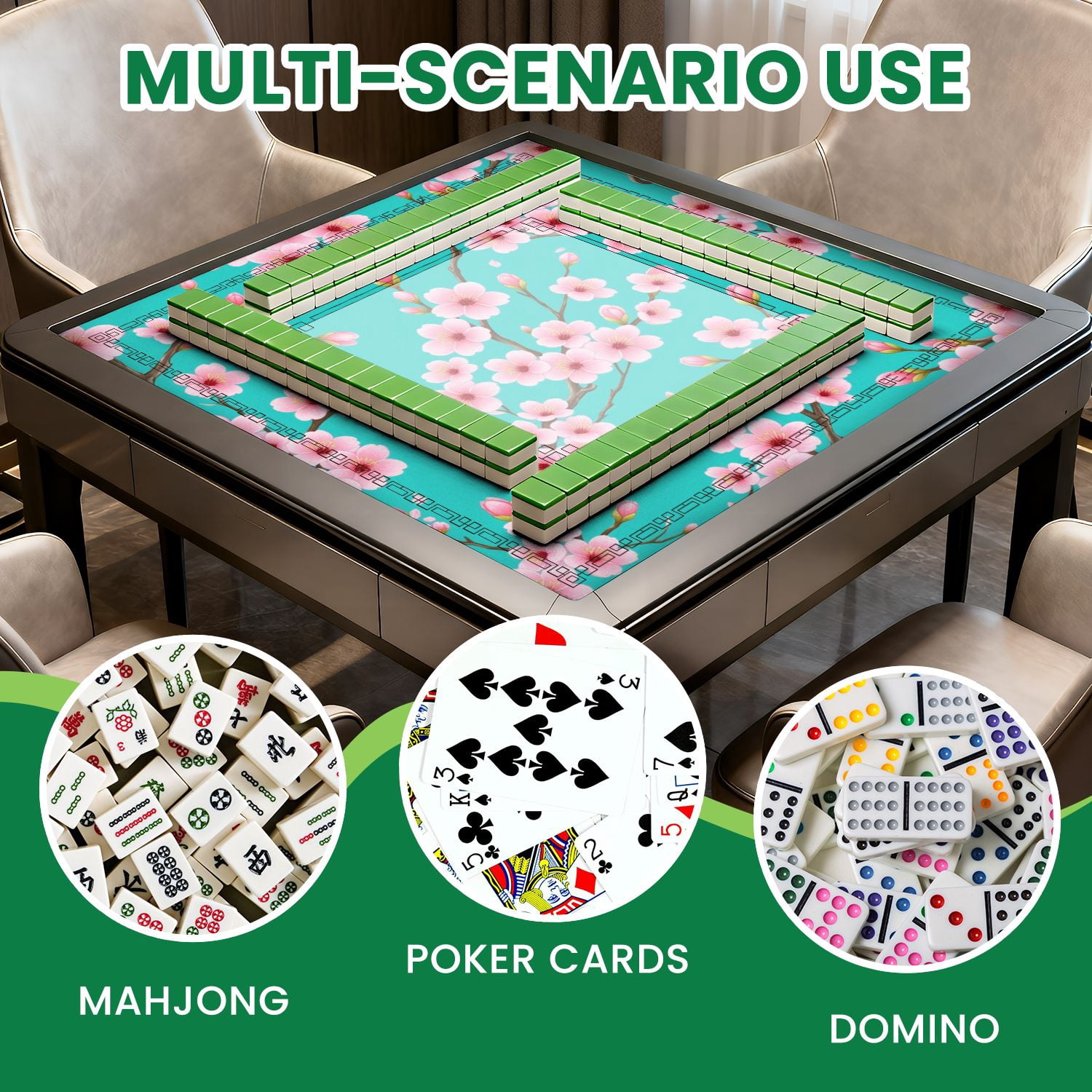 Mahjong Mat 31.5" x 31.5" Seamless Pink Cherry Blossoms Turquoise Non-Slip Noise Reduction American Mahjong Tiles Table Cover for Dominoes Poker Card Board Games Gift