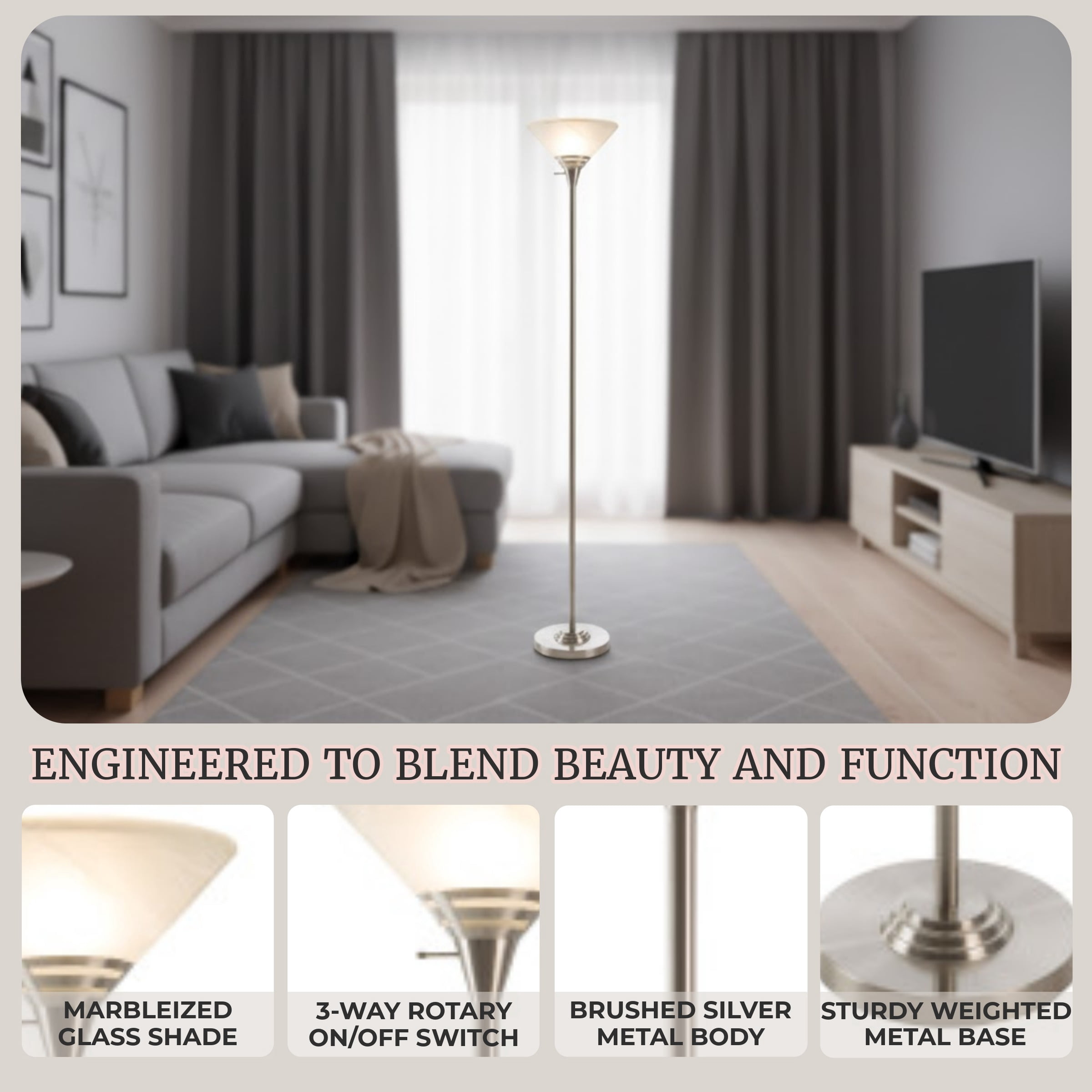 Lavish Home Torchiere Floor Lamp with Metal Base and Marbled Shade (Silver)