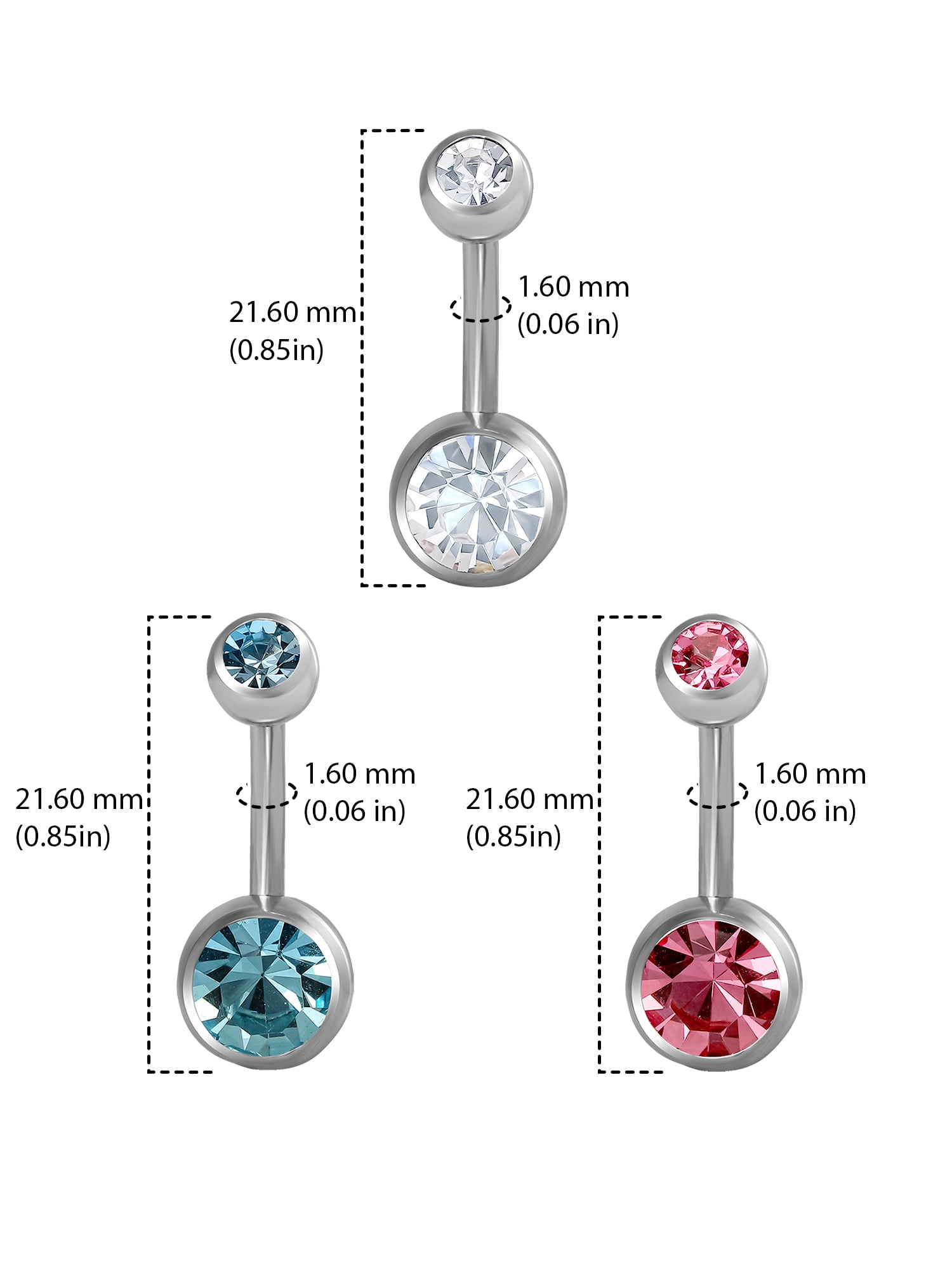 Women's Multicolor Crystal 14G Belly Rings 3-Pack