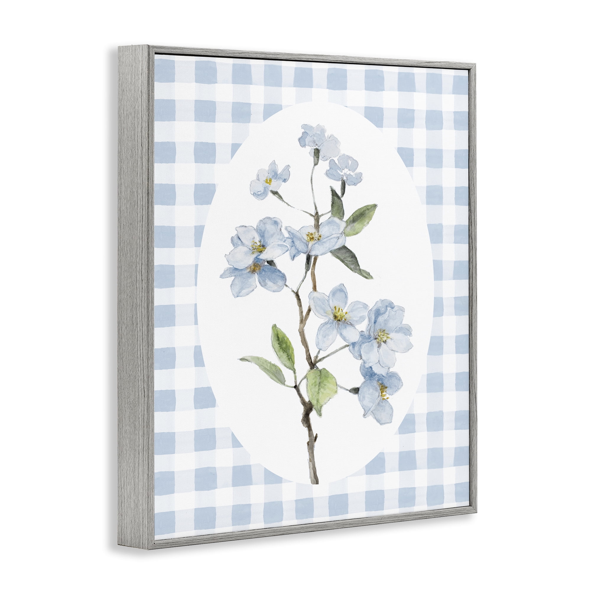 Stupell Industries Blooms on Blue Checkers Gray Framed Giclee Art, design by Lanie Loreth