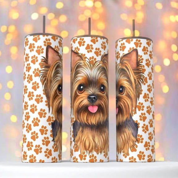 Adorable Yorkie Dog Puppy and Paw Prints on a 20 oz insulated tumbler coffee cup hot cold beverages