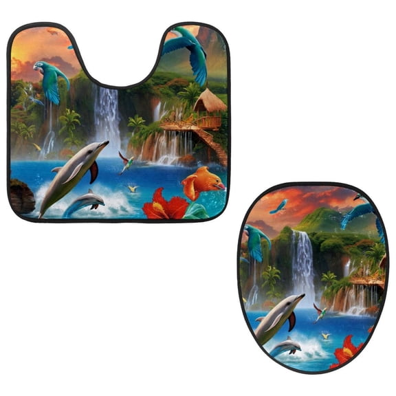 PhooArto Toilet Lid Cover and U-Shaped Toilet Floor Mat Set of 2 Pieces, Parrots Dolphins and Waterfall Toilet Mat Set, Machine Washable Seat Covers Non-Slip Absorbent Rugs