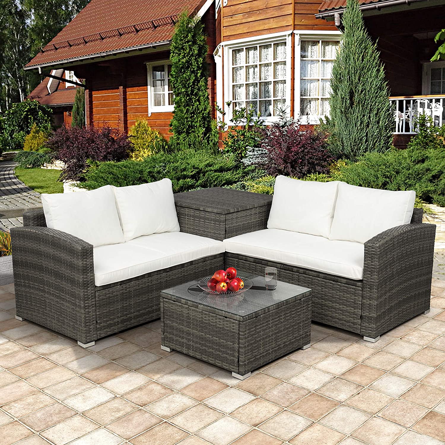 VIRUBI 4 PCS Outdoor Cushioned PE Rattan Wicker Sectional Sofa Set Garden Patio Furniture Set (Beige Cushion) - image 1 of 6