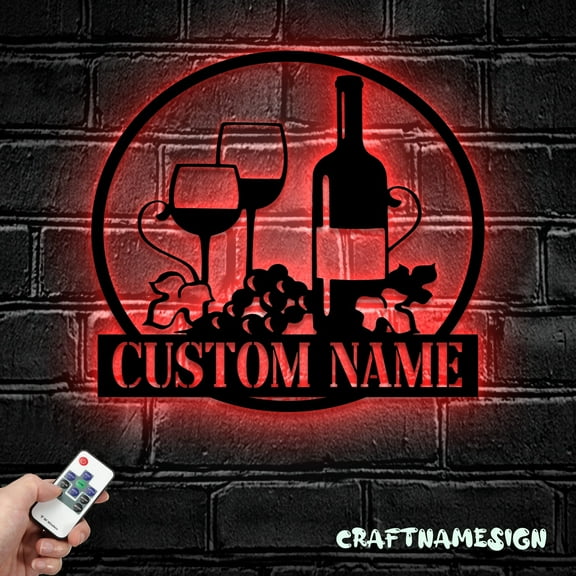 Craftnamesign Custom Wine Bar Metal Wall Art LED Light, Personalized Alcohol Drinking Name Sign
