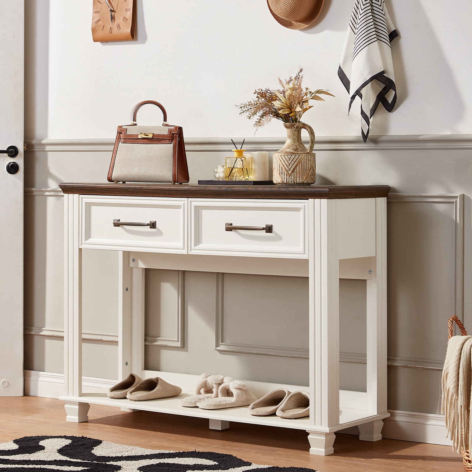 Buildhom 46" Farmhouse Console Table with 2 Drawers & Open Shelf, Rustic Wood Entryway Table for Living Room, White