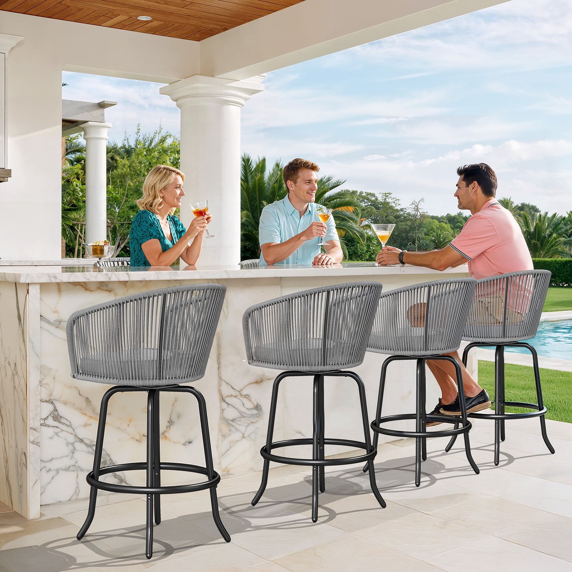 Uforic Set of 2 Patio Bar Stools, Counter Height Swivel Bar Stools with Cushions, Outdoor Rattan Patio Chairs for Indoor Outdoor Backyard Balcony Deck Lawn, Gray