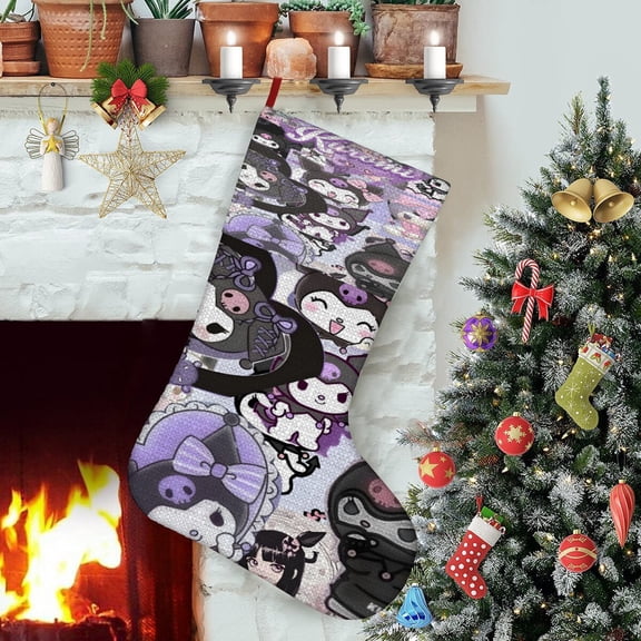 Kuromi-theme Christmas Stockings,Fine white linen for Stairs Fireplace Hanging Xmas Home Decor Christmas gift17.7"X12.6"(45cm×32cm)