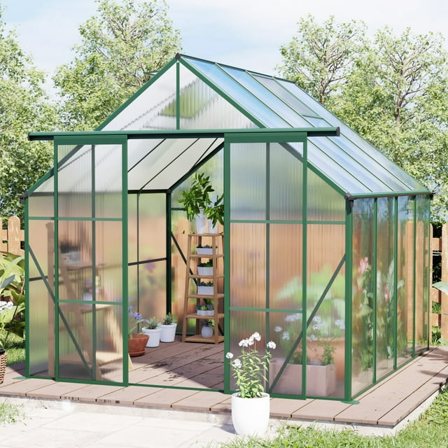 Noble House 8x8FT Walk-In Polycarbonate Greenhouse with Double Doors,Aluminum Frame,Raised Base & Anchors,Green
