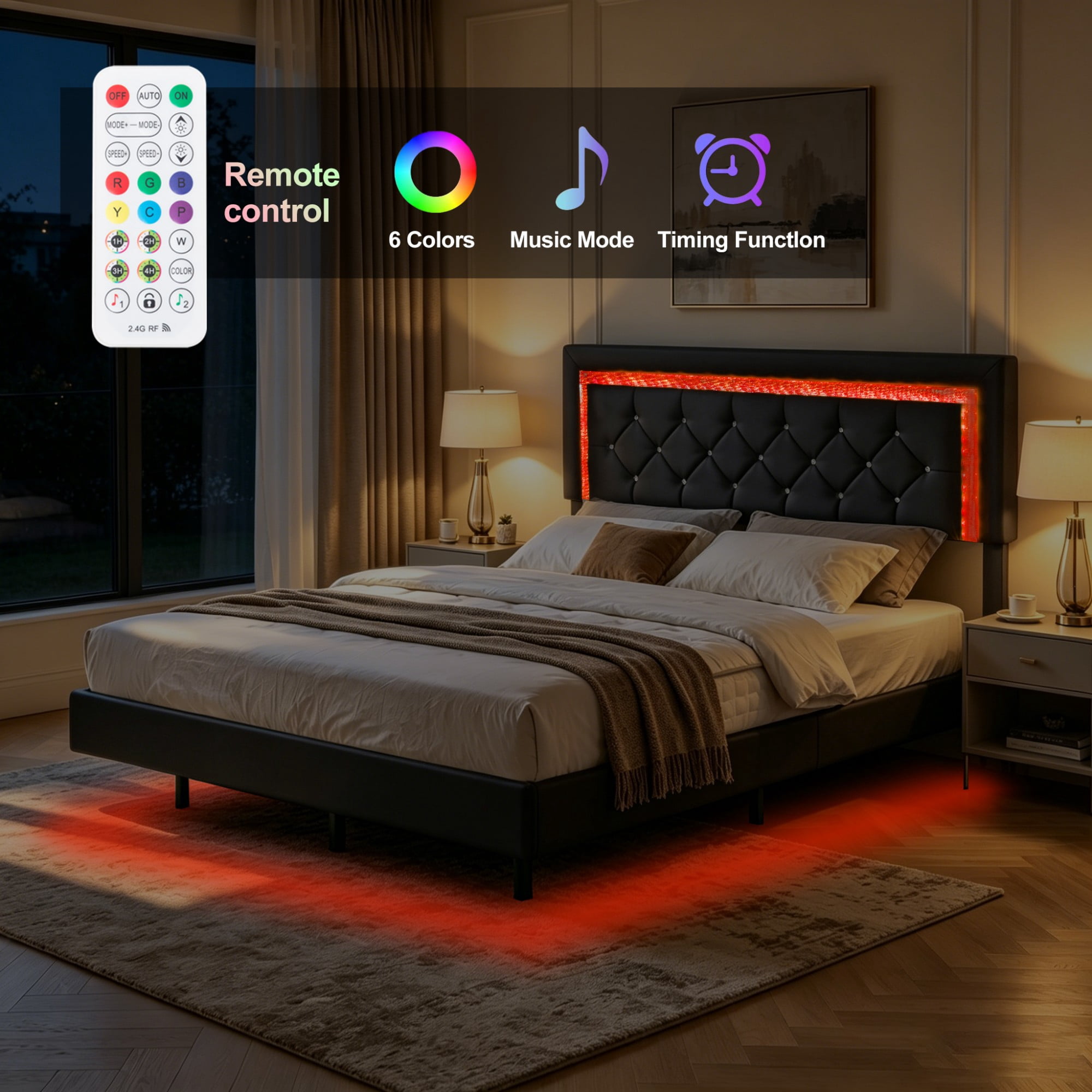 BSHTI Queen PU Platform Bed Frame with Upholstered Headboard, Colorful LED Lights, Wood Slat Support, No Box Spring Needed for Bedroom（Black）