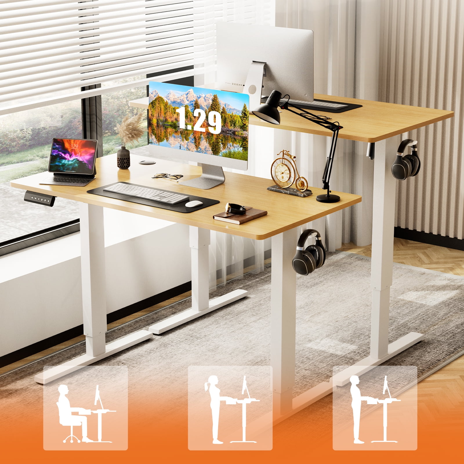 CONCETTA Electric Height Adjustable Desk, 48"x24" Ergonomic Sit Stand Workstation, One-Touch Lift Home Office Desk, Oak