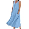 thumbnail image 3 of THDHVS Dresses for Women,Linen Dress,Women Solid Color Linen Smocked Dress Sleeveless with Pockets Maxi Length Light Blue, 3 of 8