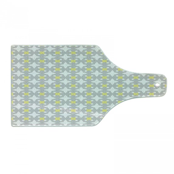 Grey and Yellow Cutting Board, Retro Geometric Vintage Design Star Shapes with Dots, Decorative Tempered Glass Cutting and Serving Board, Wine Bottle Shape, Pale Yellow Warm Taupe, by Ambesonne