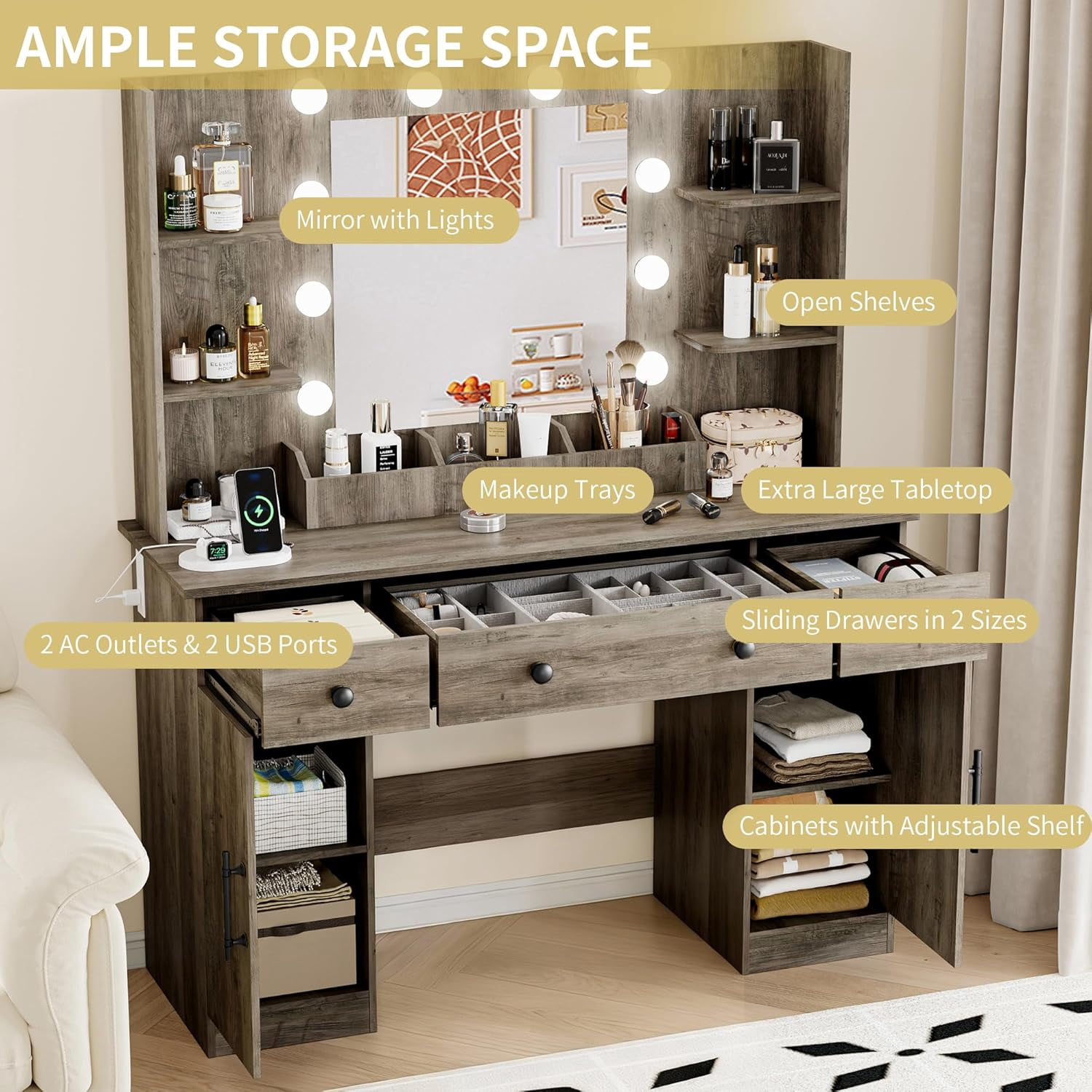 FANRAL 43'' Vanity Desk with 10 LED Lights,Under-Table RGB Strip & Built-in Power Station,Multi-Storage Makeup Table for Bedroom Bathroom Grooming,Gray Vanity