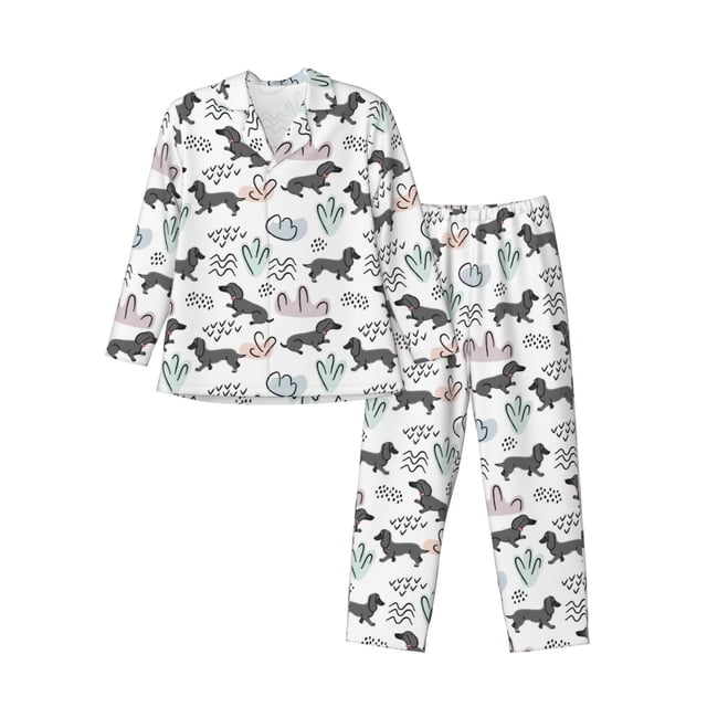 Balery Dachshund Dog Puppy Pijama para Hombre de Dos Piezas con Manga Larga, Conjunto de Dormir y Descanso Suave con Bolsillos-Small
