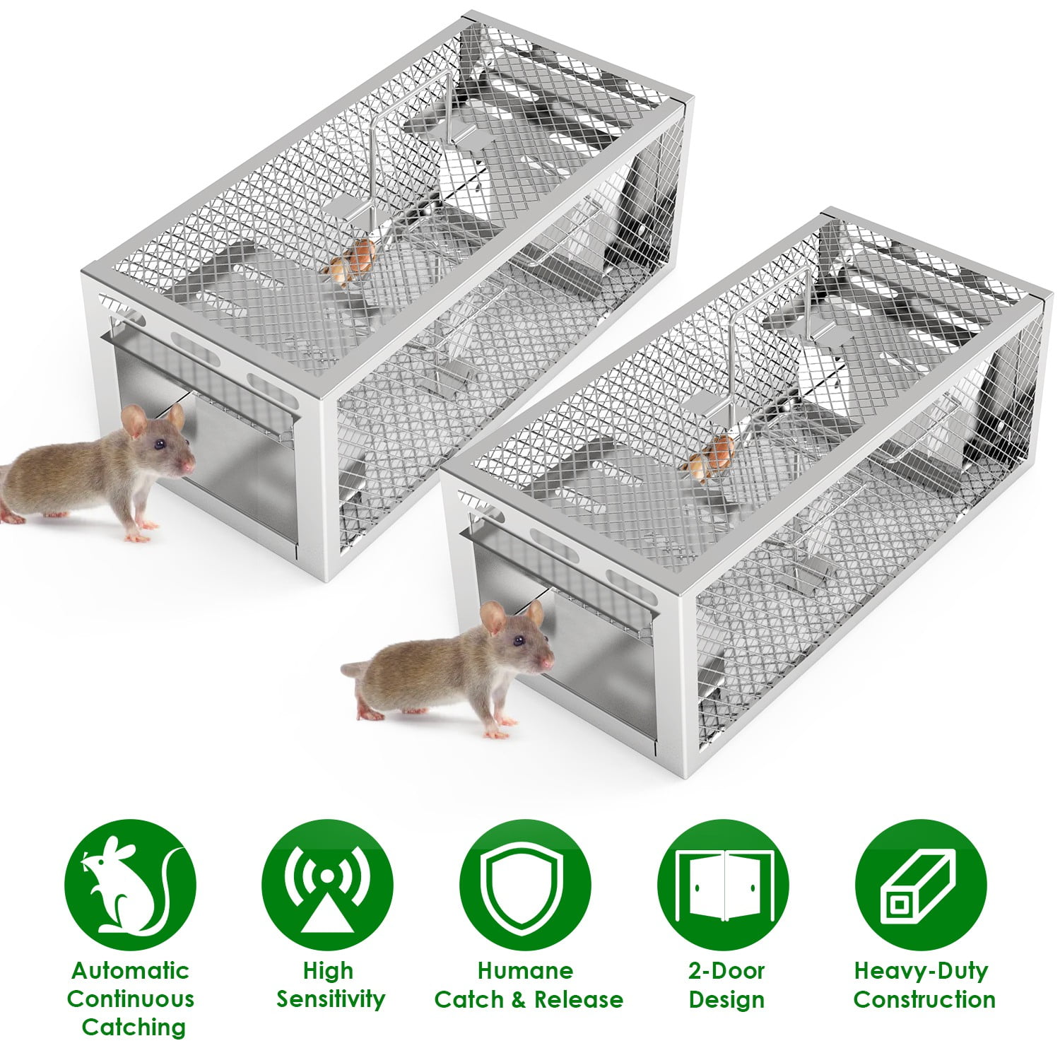 2Pack 2-Door Humane Rat Trap Automatic Continuous Mouse Trap Reusable Galvanized Iron Live Animal Cage