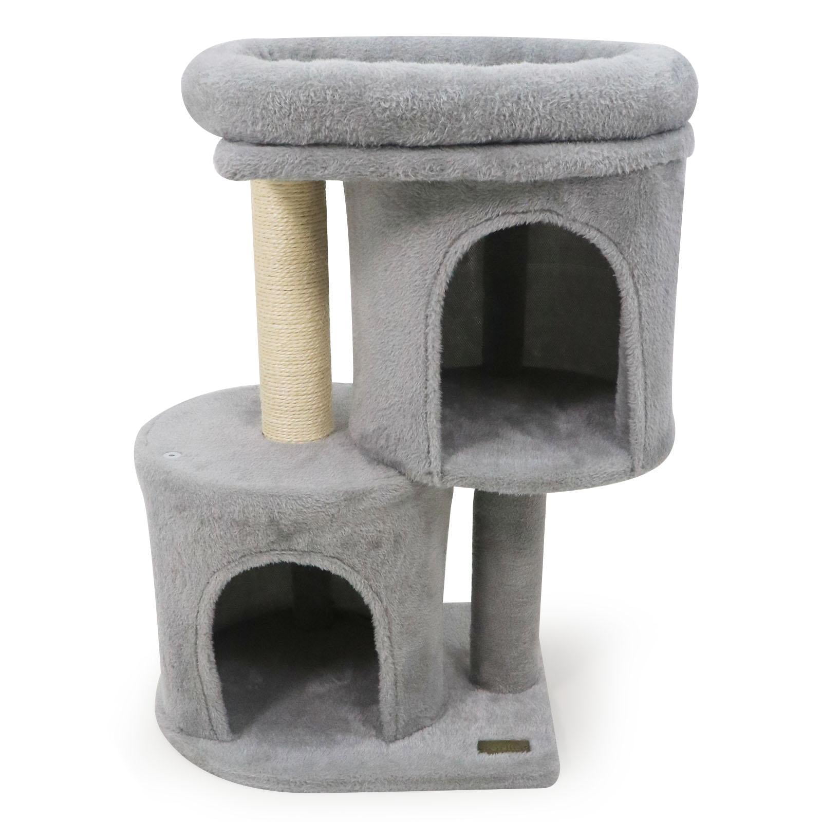 YYAo 26 Inch Cat Tower with Large Padded Push Perch and Dual Condos, Cat Tree for Indoor Cats, Cat Tree for Indoor Cats, Light Gray