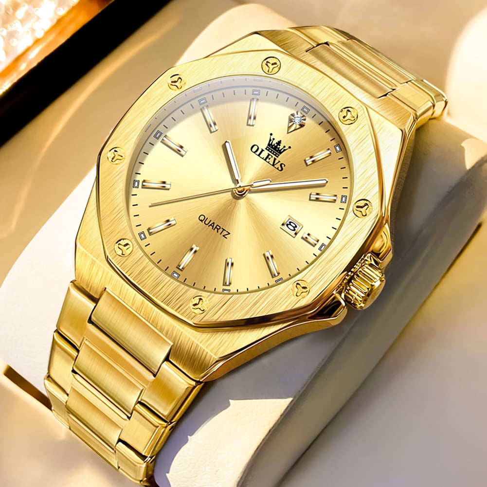 OLEVS Watch for Men Business Dress Diamond Analog Quartz Date Luxury Classic Casual Stainless Steel Waterproof Luminous Gold Mens Wrist Watches Reloj para Hombre