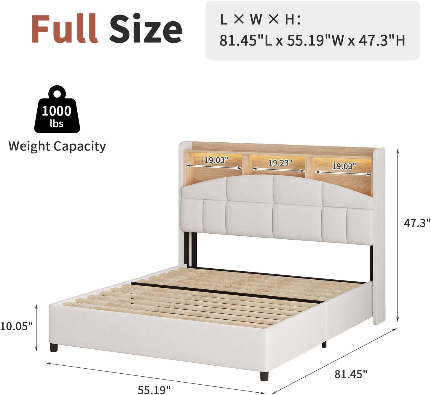 4 EVER WINNER Full Bed Frame with Storage Headboard, Velvet Upholstered Platform Bed Frame with LED Light, White