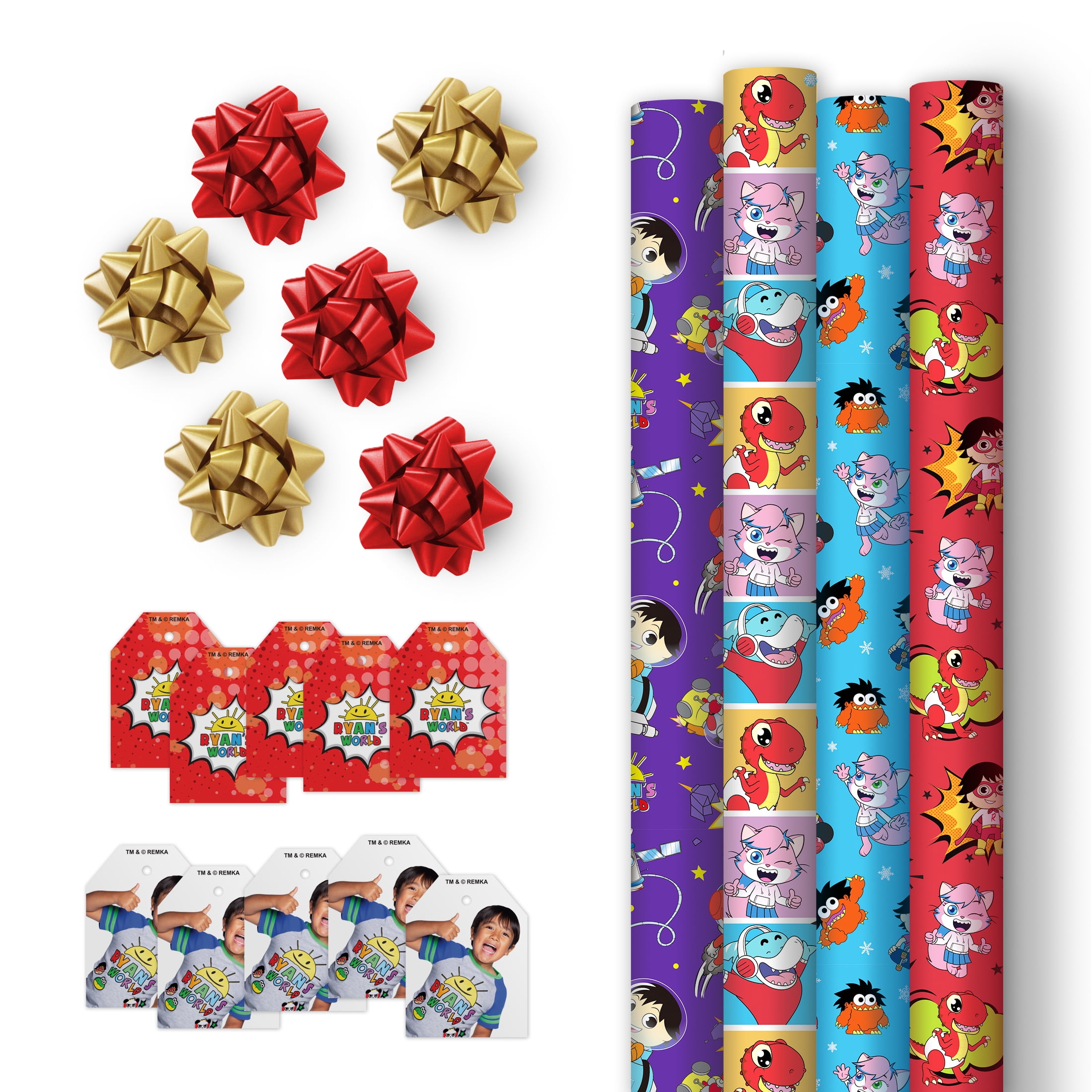 Ryan's World Gift Wrap Set with Ryan's World-Themed Designs - Pack of 4 Wrapping Paper Rolls, 10 Gift Tags, 6 Bows