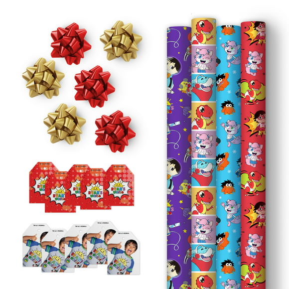 Ryan's World Gift Wrap Set - (4) Wrapping Paper Rolls, (10) Gift Tags, (6) Bows, Ryan's World Theme