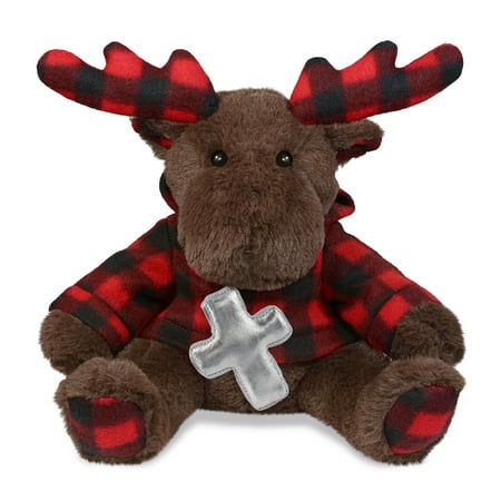 DolliBu Plaid Brown Moose with Hoodie Stuffed Animal with Silver Cross Plush – Religious Baptism Gifts for Boys and Girls Dedication Christening Gift Plush Prayer Toy Healing Stuffed Animal – 10 Inch