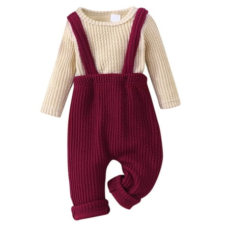 

Toddler Girls Outfit Kids Baby Boys Long Sleeve Solid Ribbed Romper Bodysuit Patchwork Overalls Suspender Pants Outfits Set 2Pcs