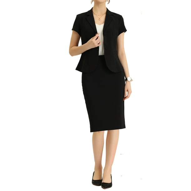 Conjunto de traje de negocios de 2 piezas para mujeres INSPIRE CHIC, chaqueta de blazer de manga corta y falda lápiz 3XL negra