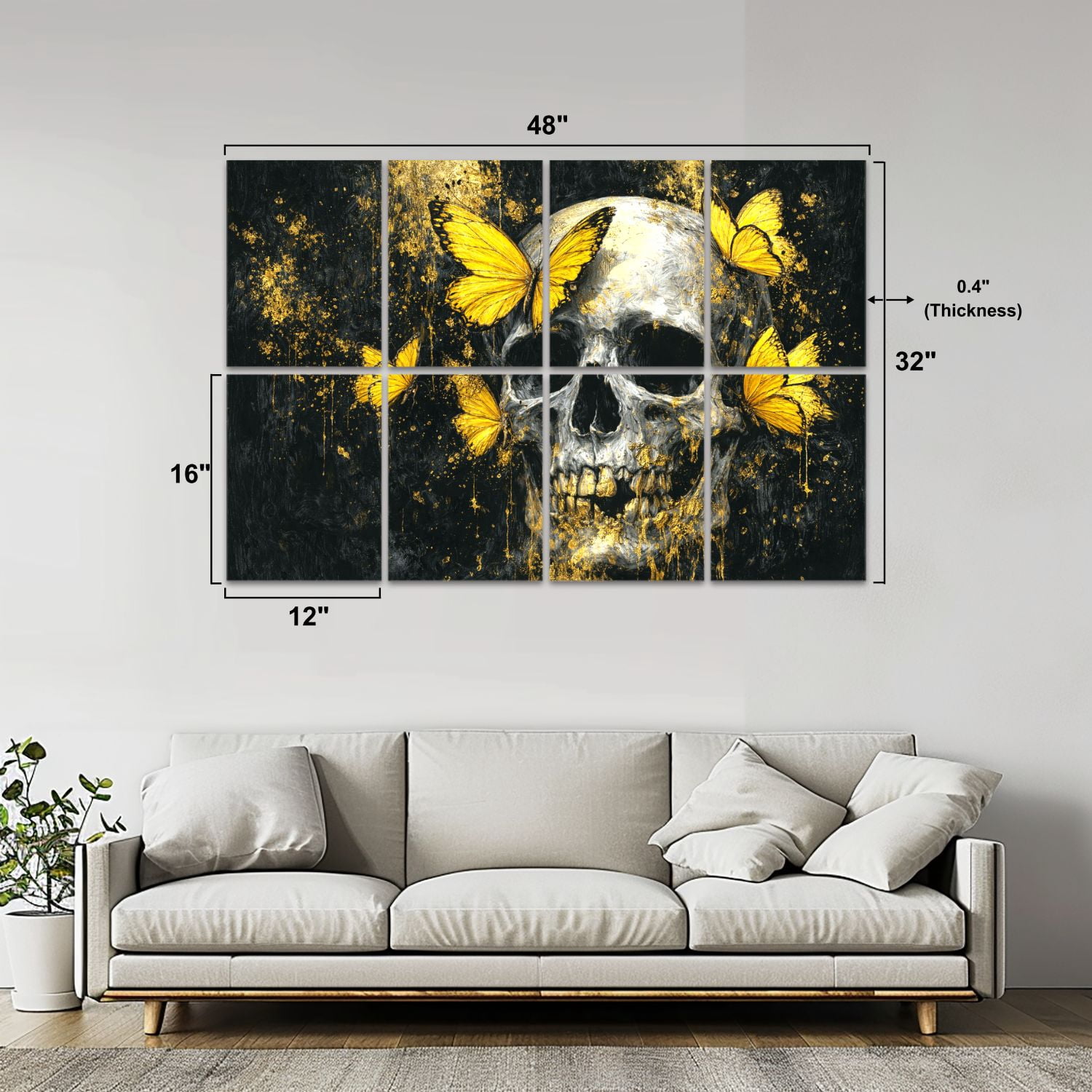Gothic 8 Pack Art Acoustic Panels Sound Absorbing Skull Vibrant Yellow Butterflies Gold Accents Dark Decorative Soundproof Wall Panels Self Adhesive for Nursery Game Room Bedroom 48"x32"