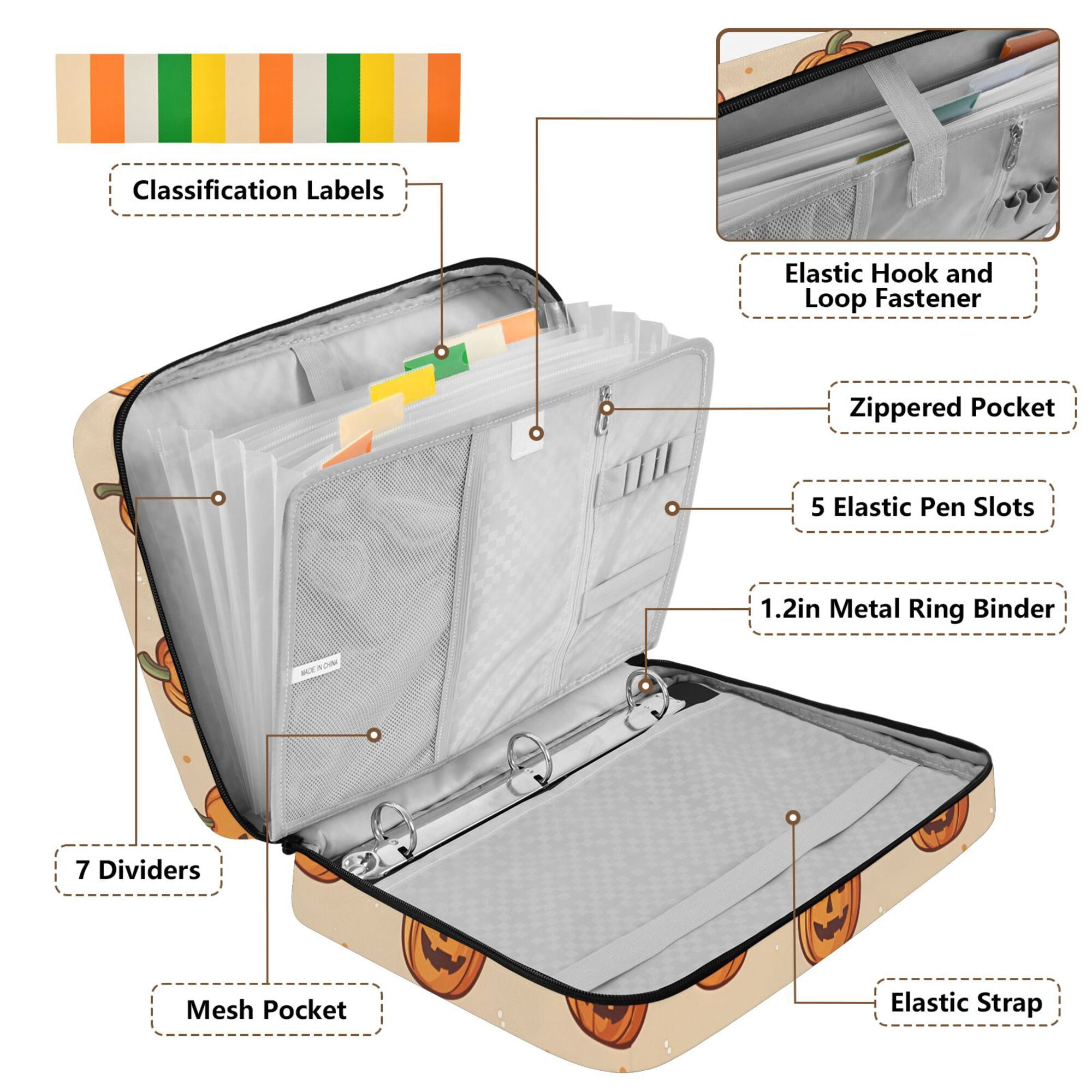 FORMRS Accordion File Folder A4 Size 7-Pocket Expanding Document Organizer Bag with 3 Ring Binder, Halloween Pumpkins Pattern
