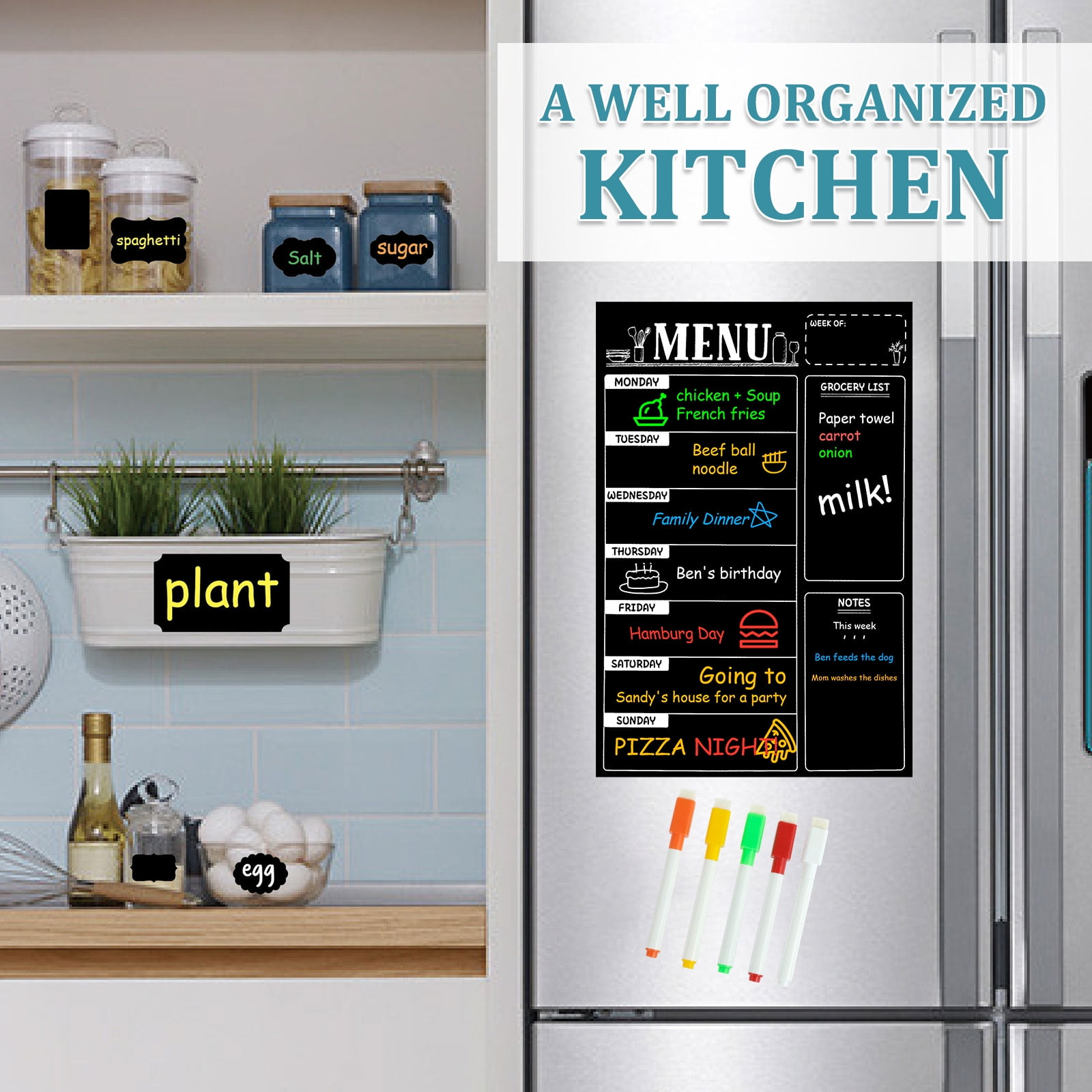 Cinch Magnetic Meal Planner for Refrigerator 16x12 - Weekly Menu Board  for Fridge w/ 3 Neon Chalk Markers - Weekly Meal Planner Magnetic  Blackboard
