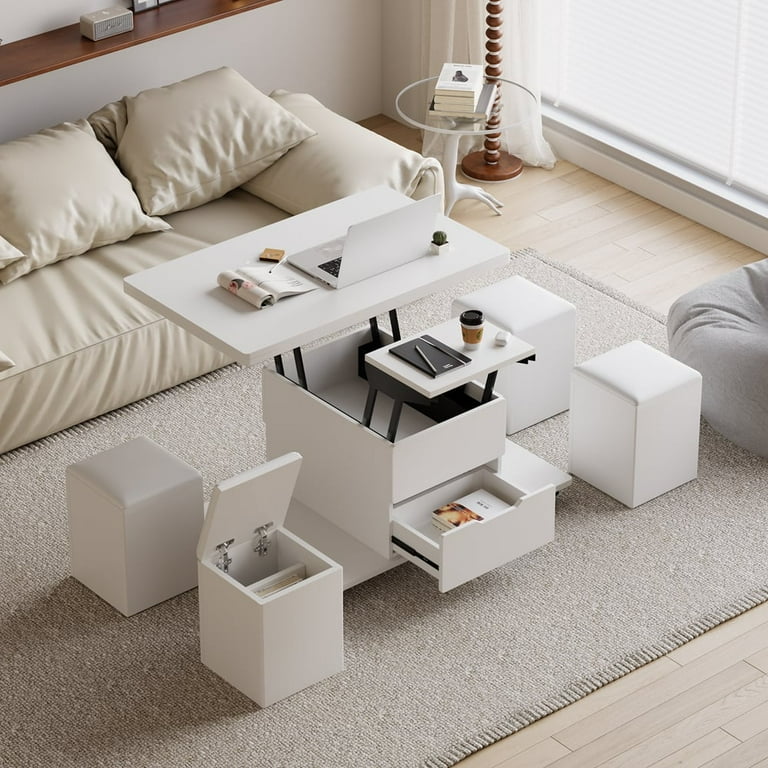 Homary Modern White Lift Top Coffee Table with Storage, Foldable