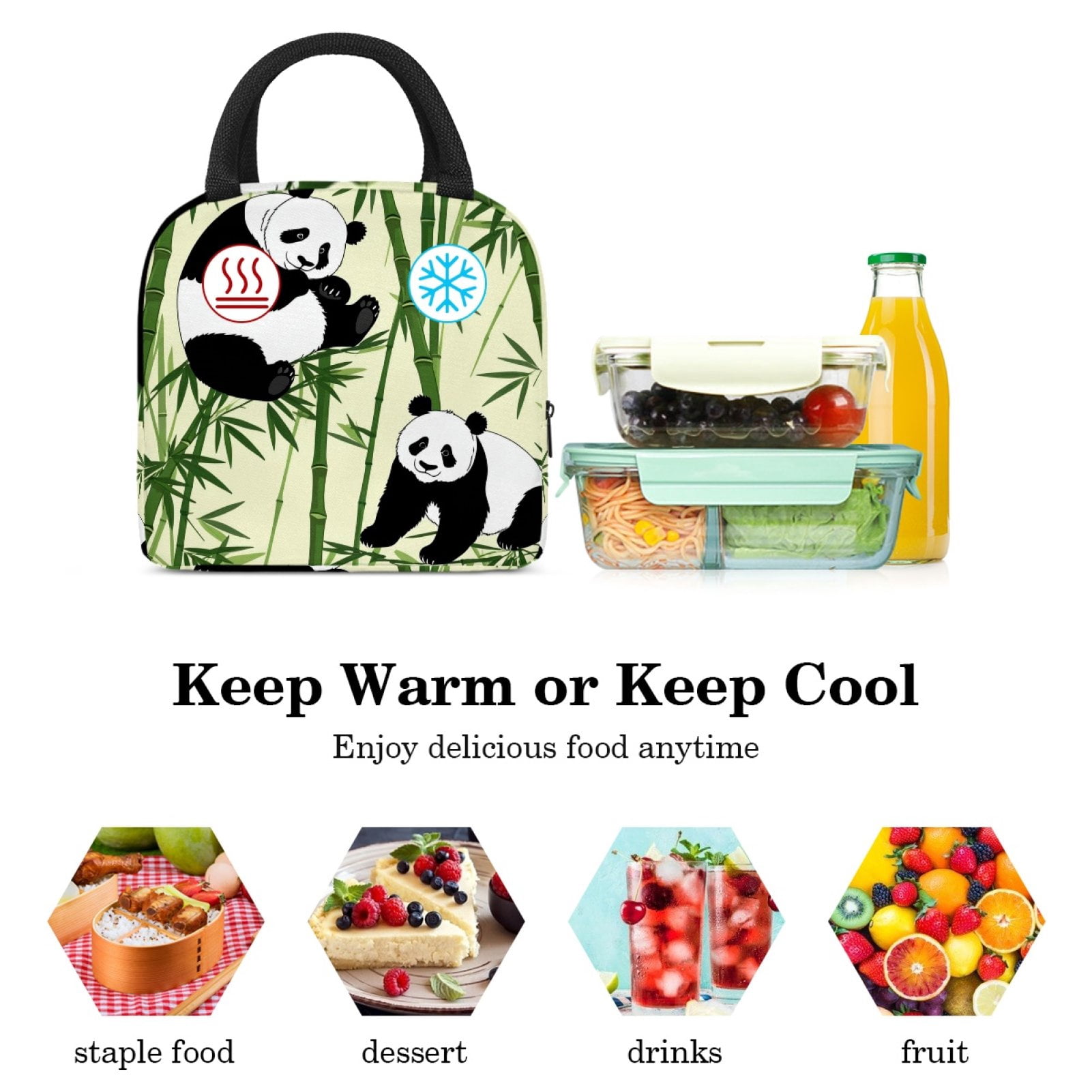 ERJLKXP Panda Bamboo Insulated Lunch Bags for Women and Men,Adult Reusable Lunch Tote Bag for Work,cooler bag