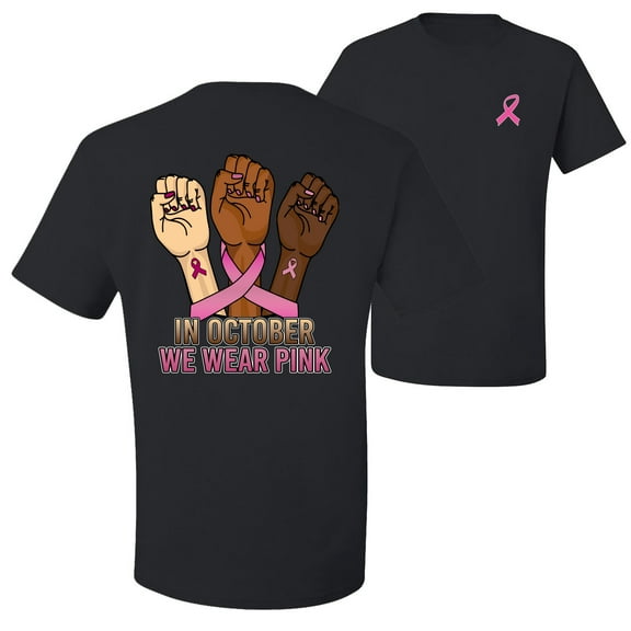 Wild Bobby In October We Wear Pink Protest Fists Breast Cancer Awareness Front and Back Men's T-Shirt, Black, Small