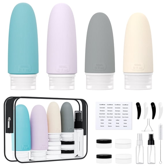 Rirool 18 Pack TSA Approved Travel Bottles Set, Leak Proof Silicone Containers with Jars, Spray Bottles, Accessories & Clear Toiletry Bag for Shampoo, Lotion & Toiletries