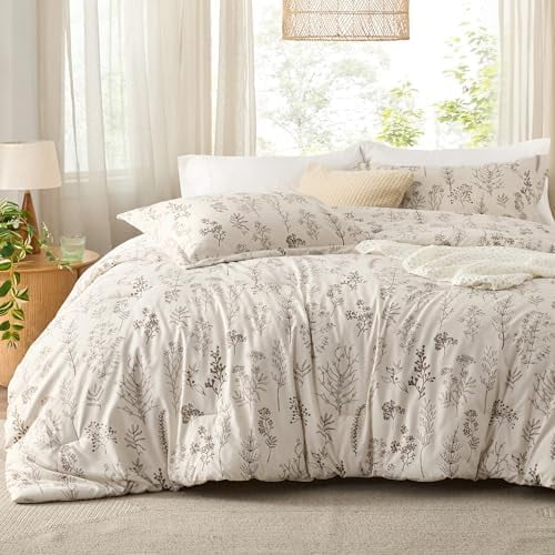 Full Comforter Set - Beige Bed Set, 3 Pieces Cute Floral Bedding, 1 Soft Botanical Flowers Comforter and 2 Pillow Shams