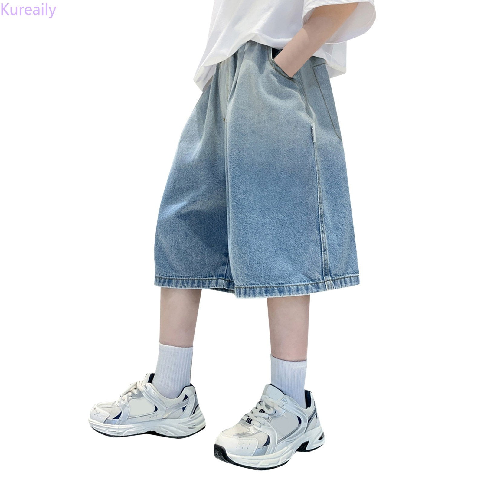 Kureaily Boys Casual Straight Denim Shorts Loose Denim Workwear Shorts And Pockets/ 5-6 Years/ Little Kid (Blue)